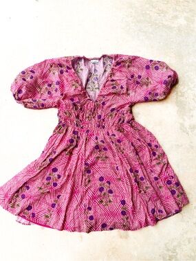 Saylor Pink Purple Floral Puff Sleeve Smocked Mini Dress S